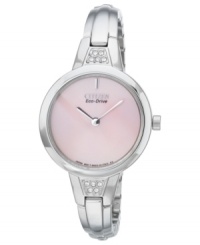 A charming pink dial blends with Swarovski shine on this bangle watch from Citizen. Built with Eco-Drive, harnessing natural and artificial light, never needing a battery.