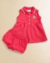 Sweet and sporty, in soft pique knit, a charming and comfy warm-weather look for your little girl.Ribbed polo collar with striped tippingSleeveless with ribbed armholesButton placketLogo appliqué at chest Softly gathered Empire waistMatching bloomers with elasticized waist and ribbed leg openings96% cotton/4% elastaneMachine washImported Please note: Number of buttons may vary depending on size ordered. 