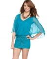 A modern spin on boho, this draped chiffon Rampage dress is balanced with an ultra-tight studded mini skirt!