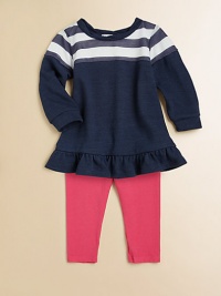 A nautical-inspired set featuring a striped, ruffled tunic atop a pair of cozy leggings.BoatneckLong sleevesPullover styleRuffled hemElastic waist50% polyester/50% rayonMachine washImported