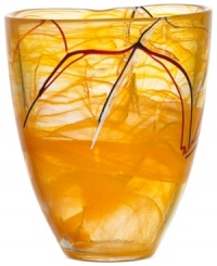 With a fiery orange haze and hand-applied bands of eye-catching color, each Contrast vase is completely unique. A simple shape showcases each stroke and swirl with bold artistry. Designed by Anna Ehrner for Kosta Boda.