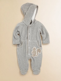 An adorable squirrel detail and Fendi logo trim make this velour footie a must-have for baby.Attached hoodFront snap closureSlash side pockets80% cotton/20% polyamideMachine washMade in Italy of imported fabric