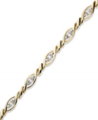 Up your glam factor. YellOra™'s trendy twisted bracelet showcases round-cut diamonds front and center (1/3 ct. t.w.). Precious metal made from a combination of pure gold, sterling silver and palladium. Approximate length: 7-1/2 inches.