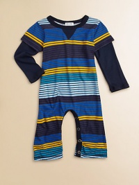 The ultra-cool layered look gives your little guy urban chic, with long solid sleeves peeking out from short striped ones.Ribbed solid crewneck with V insetLong layered-look sleevesSnap legsCotton/modalMachine washImported Please note: Number of snaps may vary depending on size ordered. 