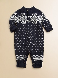 An adorable long-sleeved coverall is intarsia-knit with a festive snowflake pattern, perfect for the holiday season.Ribbed stand collarLong sleevesButton-frontBottom buttonsCottonMachine washImported Please note: Number of buttons/snaps may vary depending on size ordered. 