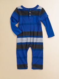 A sporty, striped, button-front one-piece ensemble crafted in a layered-look design for handsome style.CrewneckLayered-look long sleevesButton-frontPatch pocketBottom snaps49% polyester/35% cotton/16% micro modalMachine washImported Please note: Number of snaps/buttons may vary depending on size ordered. 