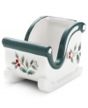 Shaped like a sled and with a classic holly motif, this Pflatzgraff sweetener holder makes a festive addition to the Winterberry dinnerware collection – and a charming gift!