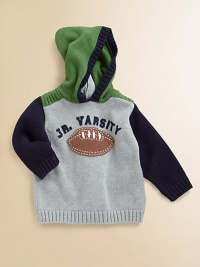 Your little boy will score a touchdown in this knit hoodie with full back zipper and football motif.Attached hoodLong sleevesBack zipperRibbed cuffs and hemCottonMachine washImported