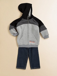 Your little guy will be ready for anything wearing this ultra-soft, three-piece set with distressed signature graphics. Zip-front, long-sleeve colorblocked hoodie with graphic logo screen and split kangaroo pocketsLong-sleeve tee with ribbed crewneck and urban logo printJean pants with snap close, back elastic waist and back patch pocketsHoodie and tee: cotton/polyesterJeans: cottonMachine washImported