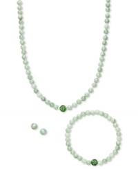 A fun update to your accessory collection, this matching set features a necklace, stretch bracelet and stud earrings crafted from green jade quartz (6-8 mm) and crystal beads. Set in sterling silver. Approximate length (necklace): 18 inches. Approximate length (bracelet): 7 inches. Approximate diameter: 1/3 inch.