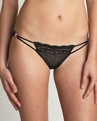 A sheer lo-rise bikini with lace front and ruching in back. Cotton gusset. Style # 721325