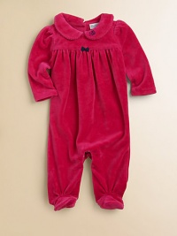 A beautiful long-sleeved footed coverall in plush velour is highlighted with pretty puff sleeves and embroidery.Peter Pan collarLong sleevesBack buttonsGathered empire waistConcealed bottom snaps80% cotton/20% polyesterMachine washImported Please note: Number of snaps/buttons may vary depending on size ordered. 