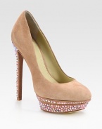 Sparkling, strategically placed crystals add a touch of glimmer to this suede platform pump. Crystal-coated heel, 5½ (140mm)Crystal-coated island platform, 1 (25mm)Compares to a 4½ heel (115mm)Suede upperLeather lining and crystal-coated solePadded insoleImportedOUR FIT MODEL RECOMMENDS ordering one size up as this style runs small. 