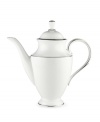 Beautiful and bridal-inspired, this white coffeepot is richly textured with a delicate floral motif and raised, beaded accents. Finished with a band of polished platinum.