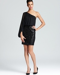 Airy chiffon teams with circled sequins on Laundry by Shelli Segal's twofer dress, rendered in a one shoulder silhouette.