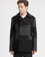 A brilliant patchwork pattern lends instant appeal to this wool peacoat.Button frontSlash pocketsAsymmetrical back yokeFully linedAbout 30 from shoulder to hemWoolDry cleanImported