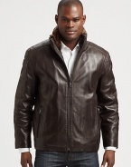 A polished leather jacket is a powerful style statement and this structured silhouette gets a refreshing update with a detachable rabbit-fur lining for a look that exudes masculine cool.Zip frontStand collarSide slash pocketsAbout 28 from shoulder to hemLeatherDry cleanImportedFur origin: China