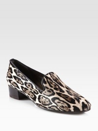 Expertly crafted in Spain, this elevated staple in luxurious calf hair with fine leather trim is the cat's meow. Stacked heel, 1¼ (30mm)Leopard-print calf hair upper with leather trimLeather liningRubber solePadded insoleMade in Spain