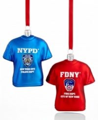 Show your support for New York's finest and bravest with an NYPD or FDNY Christmas ornament. Glass tees honor the city's everyday heroes.