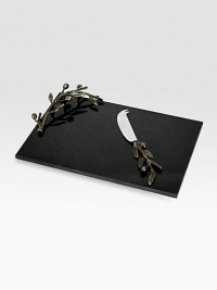 Symbolizing peace and harmony, the olive branch and its shapely leaves gracefully accent a simple slab of rich black granite and form the handle of the matching knife. From the Olive Branch CollectionGranite, oxidized bronze and stainless steel8½W X 12½L; knife 8LHand washImported