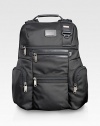 An endlessly versatile, always casual backpack design for business, school, commuting and travel in durable ballistic nylon. Zip closure Top handles Shoulder straps Exterior zip pockets Interior zip pockets, divider wall Nylon with leather accents 12W X 17H X 6D Imported 