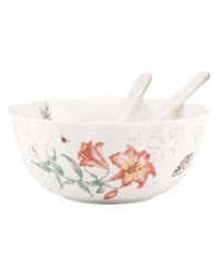 The whimsical butterflies and blooms of Butterfly Meadow dinnerware grace this collection of elegant salad bowls, crafted of scalloped white porcelain with coordinating wooden servers.