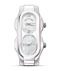 With an sleek mother of pearl frosted face, this super cool 2-dial watch makes a big impression with small proportions.