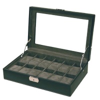 Watch Box Storage Case Black Leather White Stitching 12 Watches Glass Window