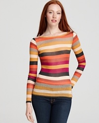 Striped, stretchy, semi-sheer, sleek: this fitted long-sleeve shirt is bright with warm colors and a lean look - great for layering.