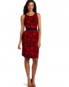 AK Anne Klein Women's Multi Print Sleeveless Belted Dress, Red Poppy, Large