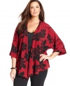 Layer your sleeveless styles with Aflani's floral-print plus size jacket, featuring a draped open front. (Clearance)