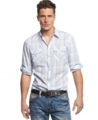 Round up classic western-inspired style with this plaid shirt from INC International Concepts.