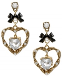 Your heart will drop for this design. Betsey Johnson's stunning drop earrings feature a golden rope heart accented with crystal accents. Crafted in gold tone mixed metal with hematite tone ribbon accents. Approximate drop: 1-3/4 inches.