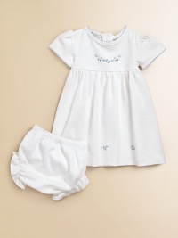 Make your little one look like a doll in this soft two-piece set with pretty scattered flowers. CrewneckShort sleevesScallop trim in contrasting toneEmpire waistBack snap closureBloomers with elastic waist and leg openingsPima cottonMachine washImported