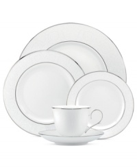 Fine dining will flourish with the Artemis serving bowl from Lenox. A raised floral pattern and wide bands of sumptuous platinum in white bone china embody classic elegance.