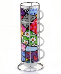 Pattern maker. Four Heart mugs bearing the unmistakable pop art of Romero Britto make a fabulous and functional addition to modern kitchens. Stack to create one cohesive design in the accompanying metal caddy.