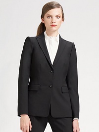 EXCLUSIVELY AT SAKS. This impeccably polished fit of Italian stretch wool makes a lasting impression every time. Notched lapels 2-button closure Front flap-over pockets Long sleeves Button cuffs Center back vent Full lining About 26½ from shoulder to hem 96% virgin wool/4% elastane; dry clean Imported of Italian fabric OUR FIT MODEL RECOMMENDS ordering true size.. 