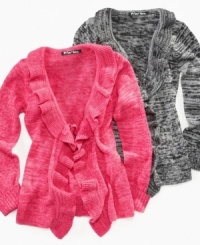 Wrap her in one of these very soft cardigans by Planet Gold with cascading ruffle lapel. Makes a great gift.