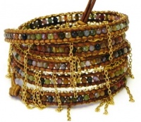 Chan Luu Fancy Jasper Wrap Bracelet with Chain Fringe on Natural Brown Leather