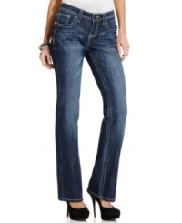 Earl Jeans' petite denim piece features the perfect bootcut leg and faded wash! Rhinestone embellished back pockets add glam.