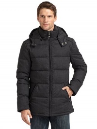 THE LOOKStand collarRemovable hood with snap throat tabZip frontZip slash pocketsKnit storm cuffsElbow patch detailTHE FITAbout 27 from shoulder to hemTHE MATERIALShell: 90% polyester/10% woolFill: 80/20 duck downFully linedCARE & ORIGINDry clean Imported