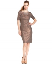 A metallic high-shine and cutout back makes this RACHEL Rachel Roy shift dress a chic pick for soiree style!