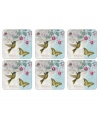 With a fresh take on the famed florals of Botanic Garden dinnerware, Botanic Hummingbird drink coasters layer colorful wildlife with muted blooms on heat-resistant cork from Portmeirion.