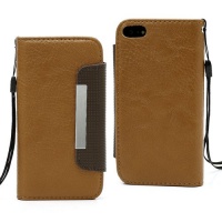 Litchi Wallet for the apple iPhone 5 w/2 Card slot, Removeable strap - BROWN