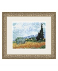 Cypress trees tower over fields of golden wheat in this lush country scene by Impressionist legend Vincent van Gogh. The painter's distinct swirling strokes lend a mysterious air to the landscape's tumbling sky and distant mountains. With an embossed silver frame.