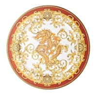 The most legendary figure of Asian mythology, the red dragon rises majestically from this fabulously opulent dinnerware from Rosenthal Meets Versace, conveying all its might and glory. Each piece features ornate golden baroque patterns and four small medallions representing the sun, and the Versace medusa decorates the background.