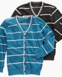 Mix up the patterns and add a last layer of style to his laid-back look with this stripe cardigan from Request.