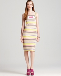 Celebrate spring in a form-fitting Milly dress flaunting candy-colored stripes and a geometric intarsia pattern at the neckline. The perfect alternative to shorts and a tee, this playful silhouette is the confection your wardrobe was missing.