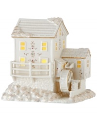 The backbone of Mistletoe Park's economy, this humble mill churns out essentials all year long. Fine porcelain and festive gold accents coordinate beautifully with the rest of the quaint Christmas village from Lenox.