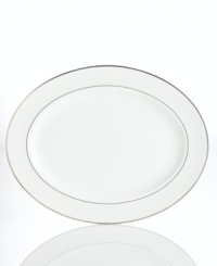 Modern yet timeless, this fine china platter is sure to satisfy the style-hungry host. From Lenox dinnerware, the dishes from the Opal Innocence Stripe collection are simply dressed in cream and white stripes and finished with a polished platinum trim, creating an ultra-chic setting to enjoy celebratory meals.